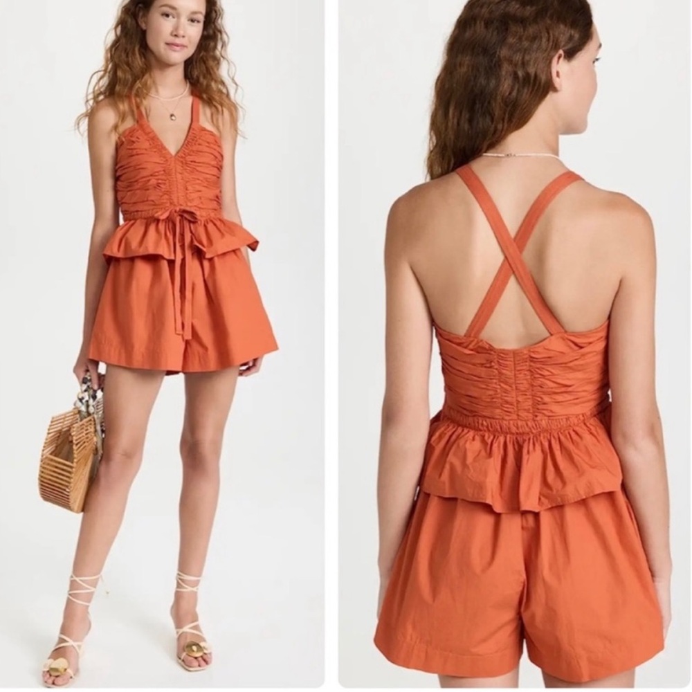 ULLA JOHNSON Rust Orange Ruched Peplum romper